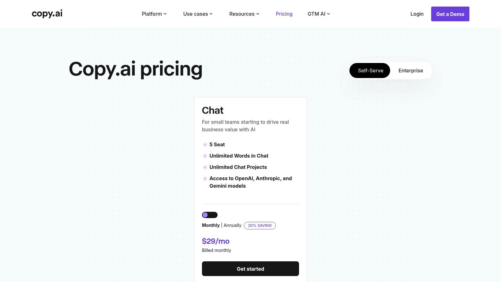 Copy.ai pricing tiers, including Free, Pro, Team, and Growth plans.