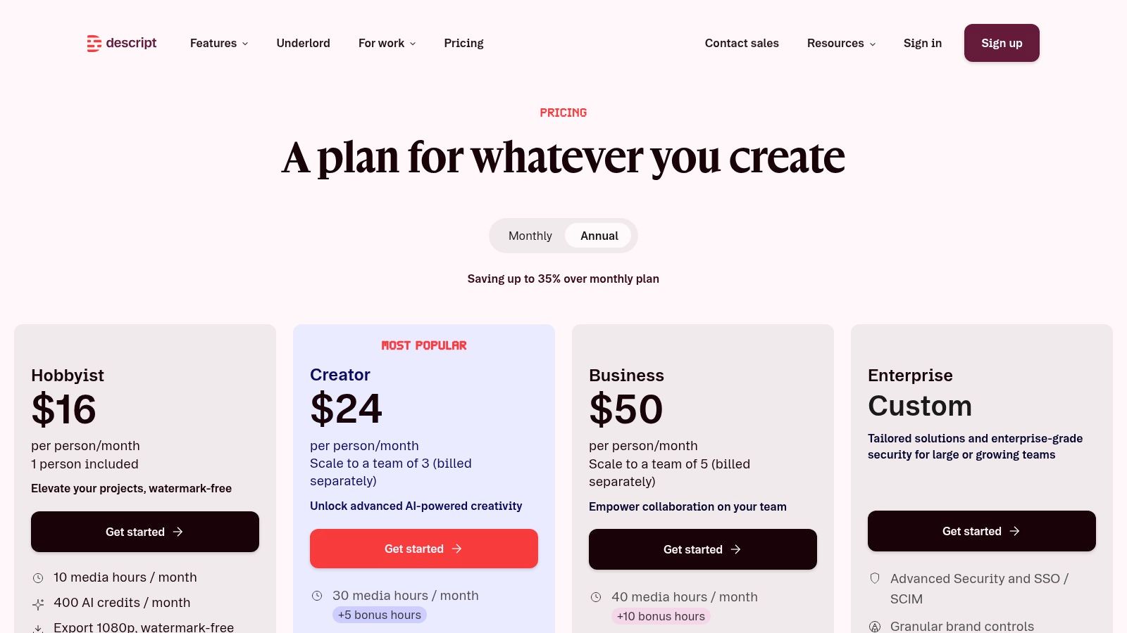 Descript's pricing plans, including Free, Creator, and Pro tiers, detailing features and limits for each.
