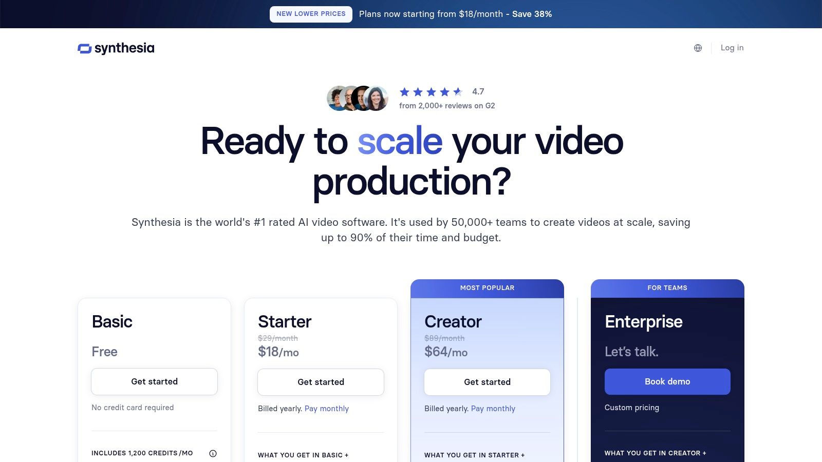 Synthesia's pricing plans, including Starter, Creator, and Enterprise options.
