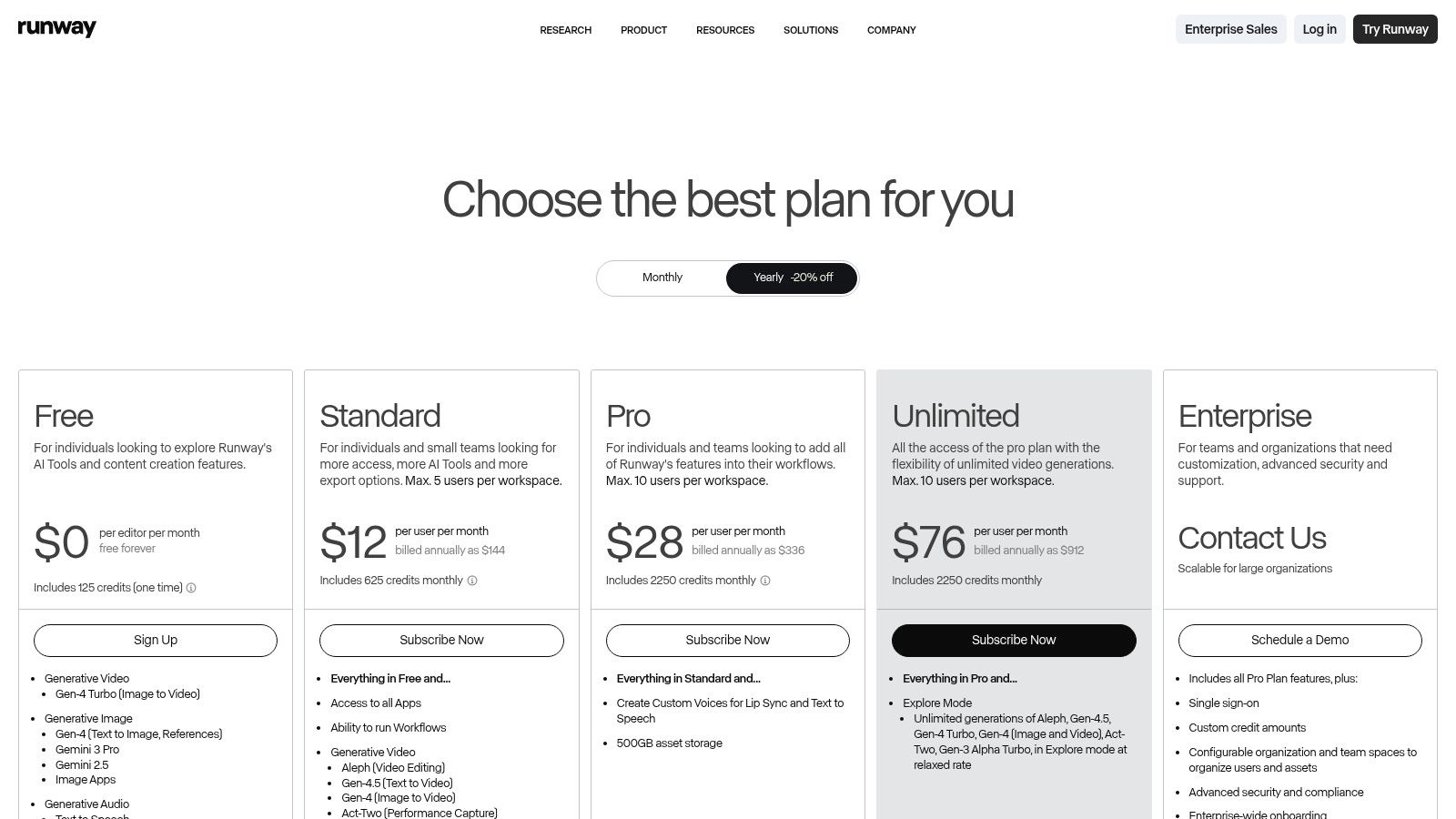 Runway's pricing tiers, including Free, Standard, Pro, and Unlimited plans.