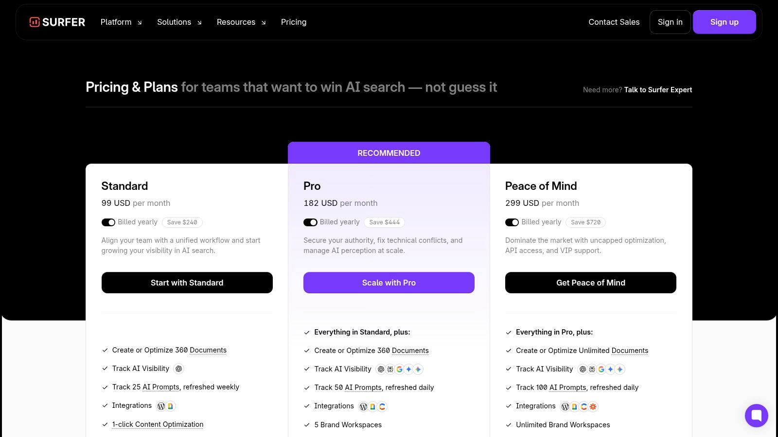 Surfer pricing plans, including Essential, Advanced, Max, and Enterprise tiers.