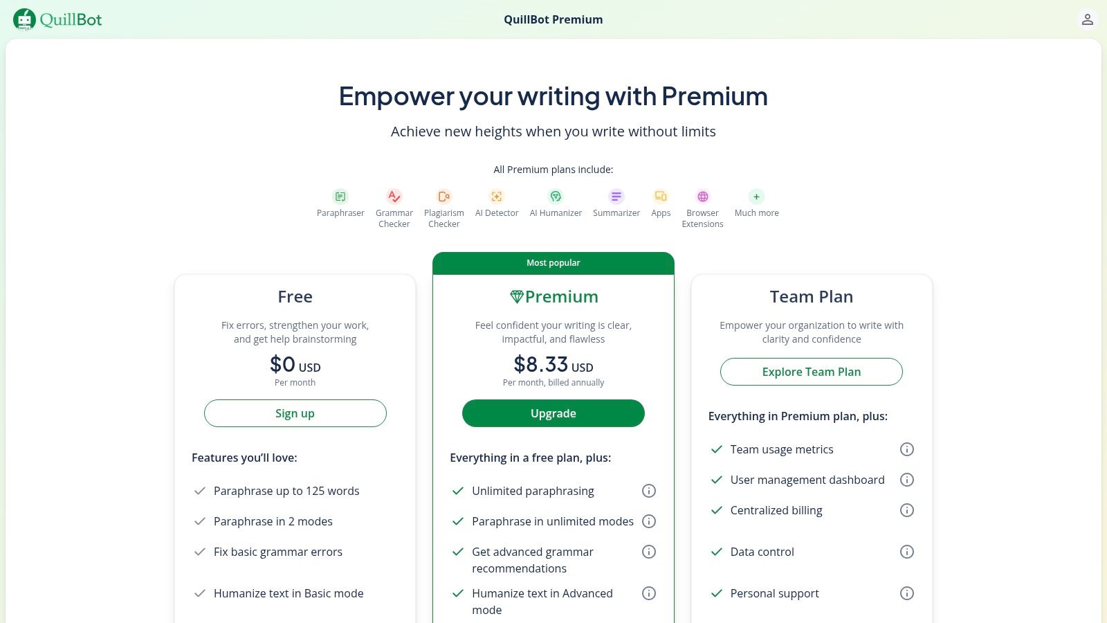 QuillBot pricing plans, including Free and Premium options.