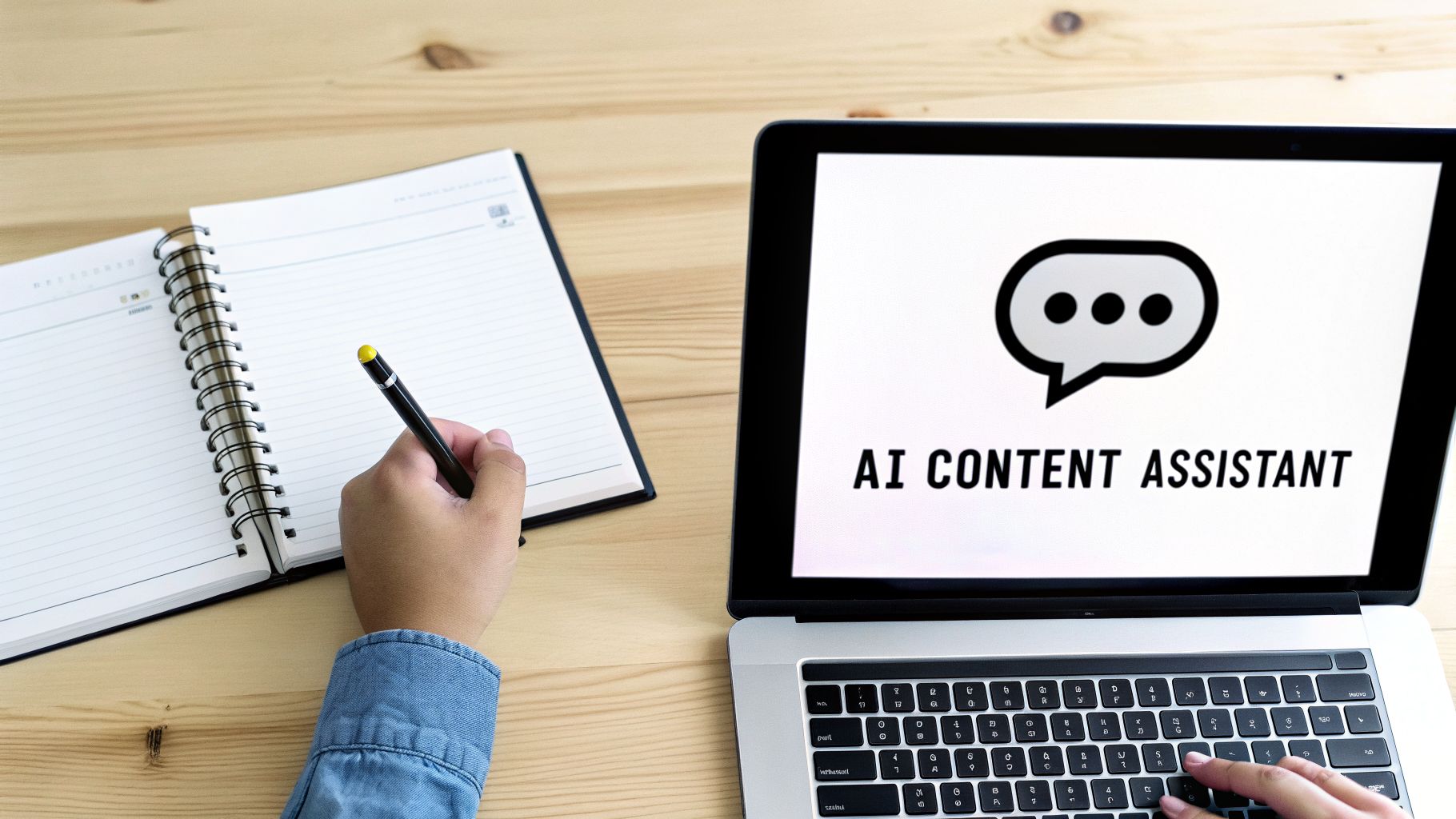Person writing notes and typing on a laptop displaying 'AI Content Assistant' on screen.