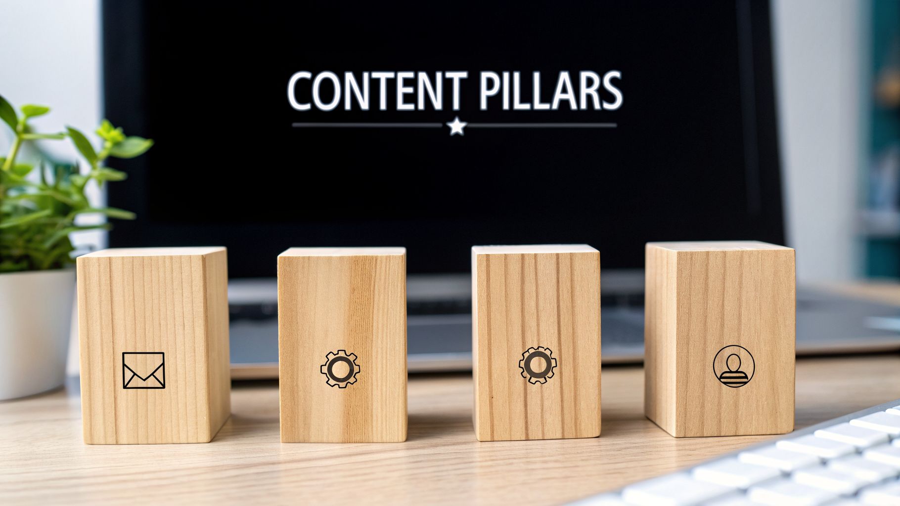 Wooden blocks with content pillar icons like email and settings, displayed with a laptop screen.