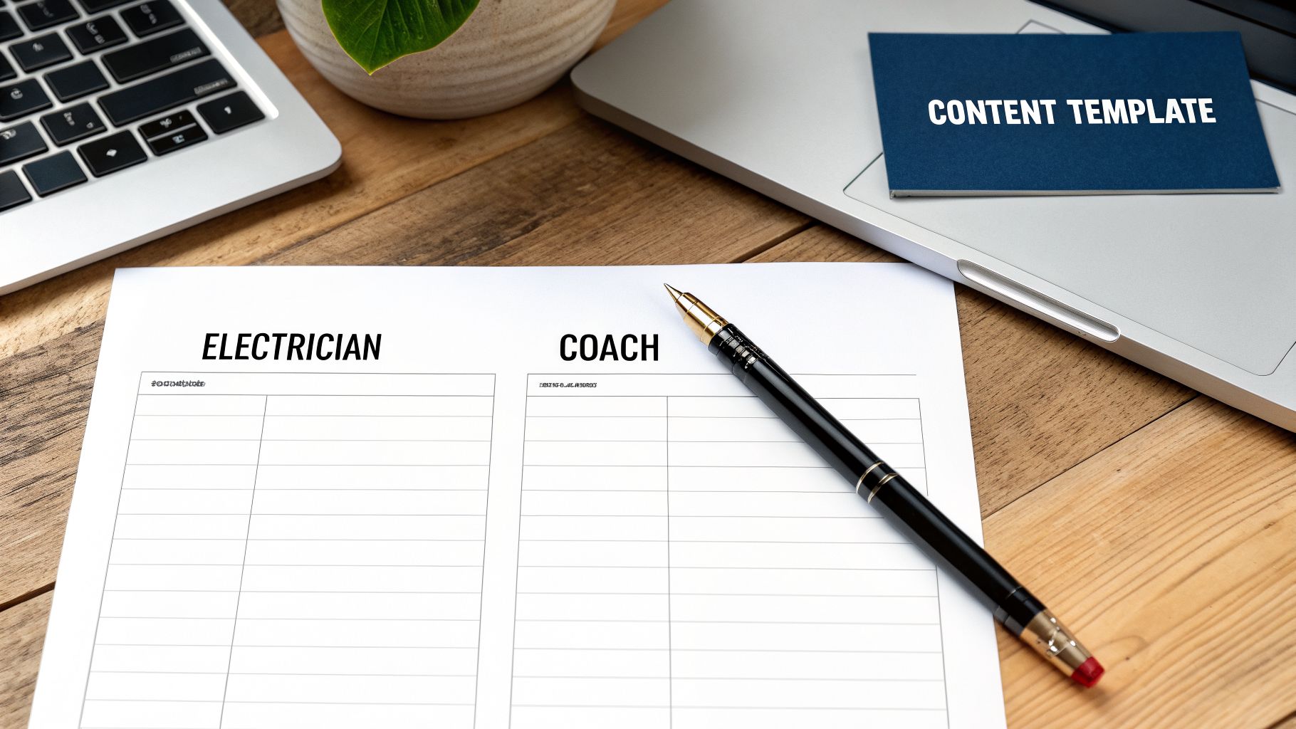 A white paper with 'Electrician' and 'Coach' titles, a pen, and a 'Content Template' card on a wooden desk.