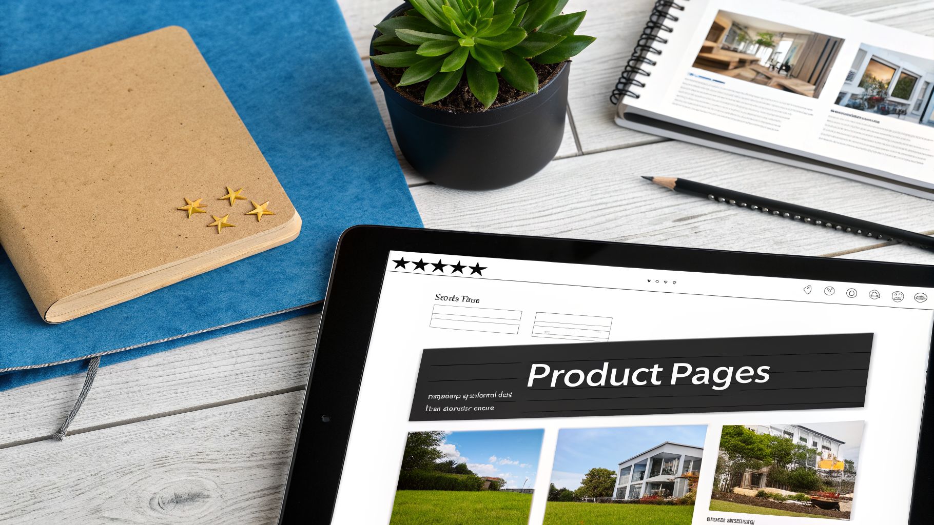Flat lay of a workspace with a tablet displaying 'Product Pages', a star-decorated notebook, and plants.