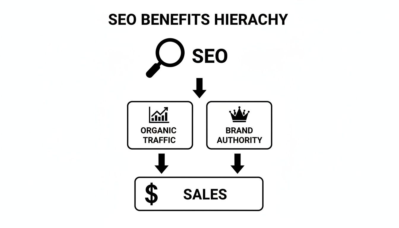 A diagram illustrating the SEO benefits hierarchy: SEO leads to organic traffic and brand authority, resulting in sales.