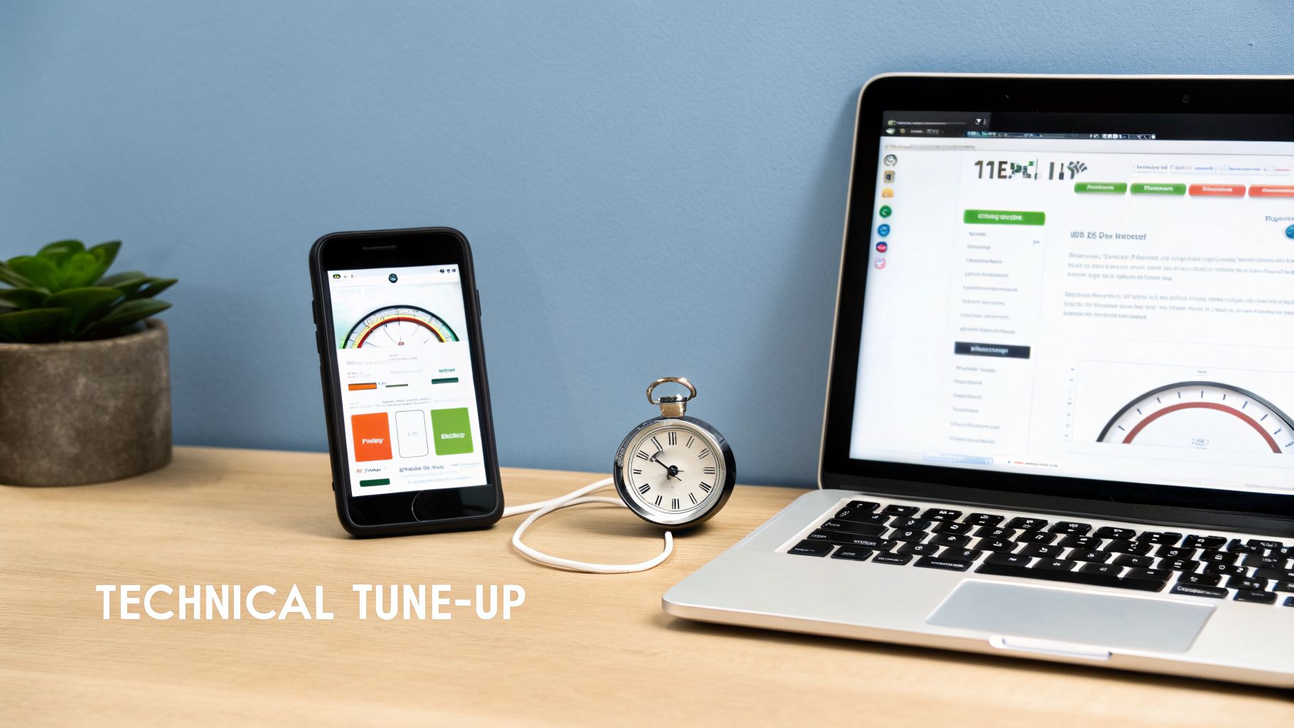 A smartphone, laptop, and timer on a wooden desk, displaying performance metrics for a technical tune-up.