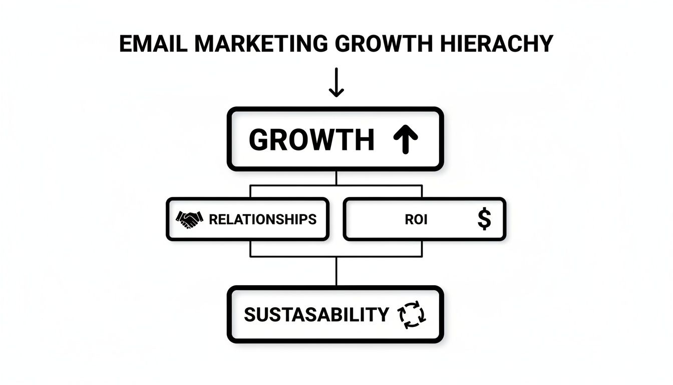 A diagram illustrating the email marketing growth hierarchy: Growth, Relationships, ROI, and Sustainability.