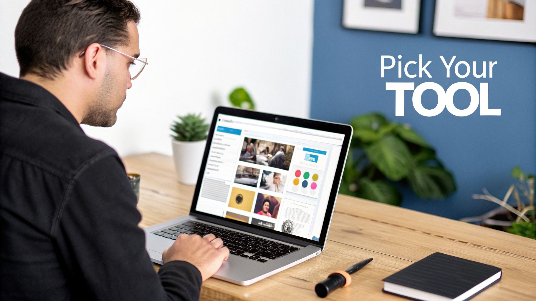 Man in glasses working on a laptop displaying an email marketing software interface, with 'Pick Your TOOL' text on wall.
