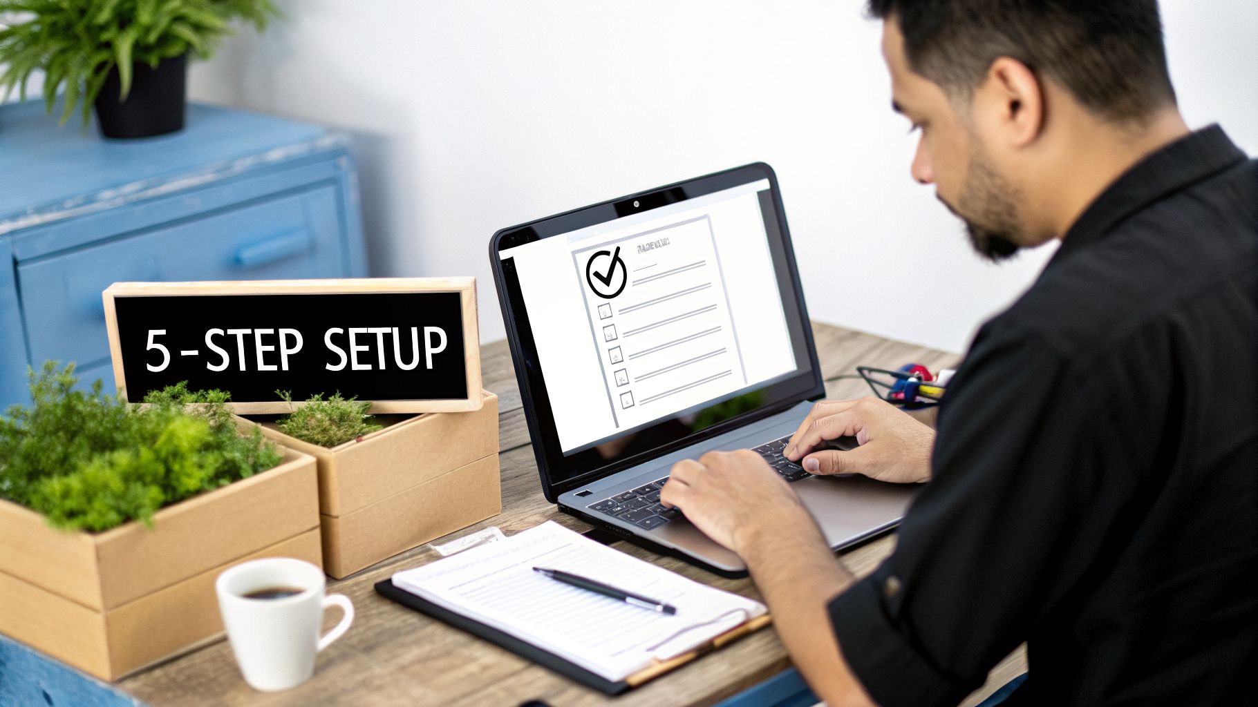 A man typing on a laptop with a checklist on screen, next to a '5-STEP SETUP' sign.