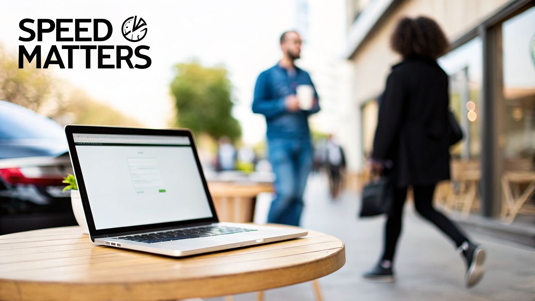 Laptop with login screen on a wooden outdoor table, blurred street scene, and a 'Speed Matters' logo.