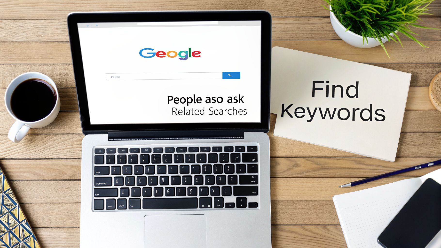 Laptop showing search results for keyword research, with a notebook titled 'Find Keywords' on a wooden desk.