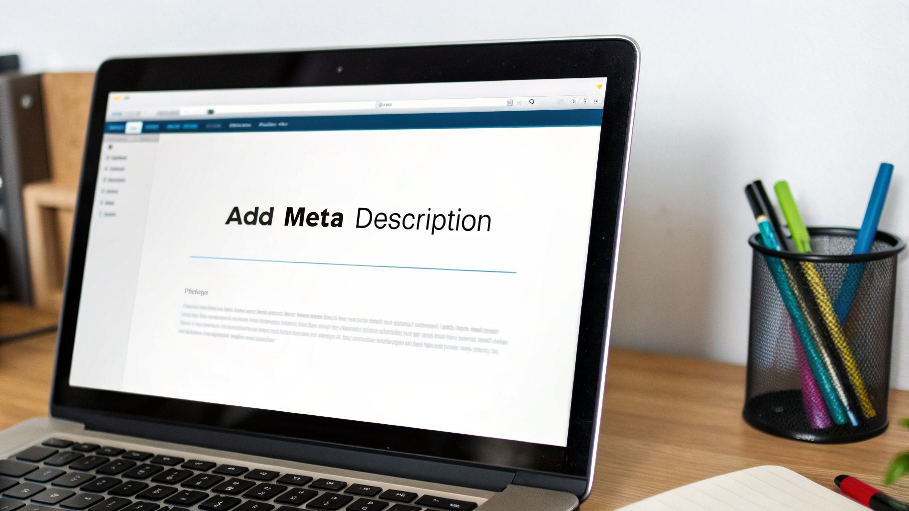 A laptop screen displaying 'Add Meta Description' text, with office supplies on a wooden desk.