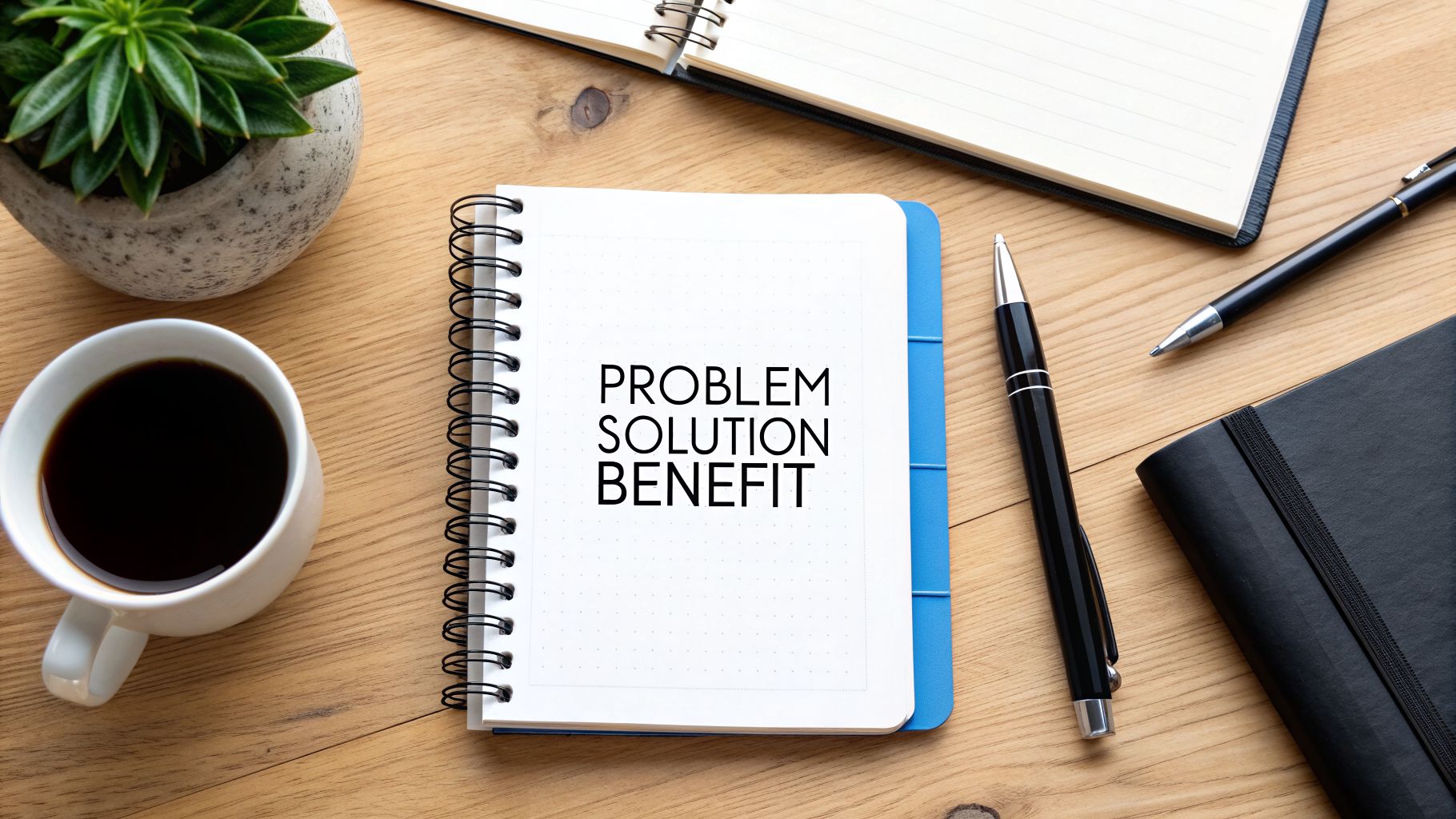 Flat lay of a wooden desk with a notebook showing 'PROBLEM SOLUTION BENEFIT', coffee, plant, and pens.