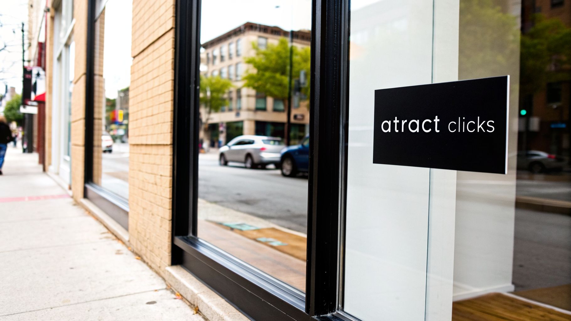 A black sign with 'atract clicks' in white hangs on a glass storefront, reflecting a city street scene.