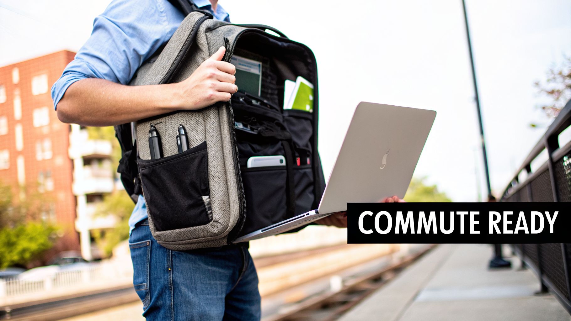Person with an open gray backpack and a silver laptop, organized for a modern commute.