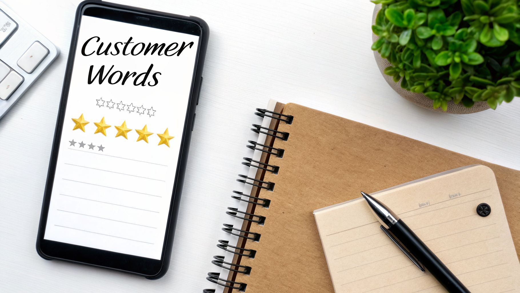 A smartphone displays customer reviews with five gold stars, next to notebooks, a pen, and plant.