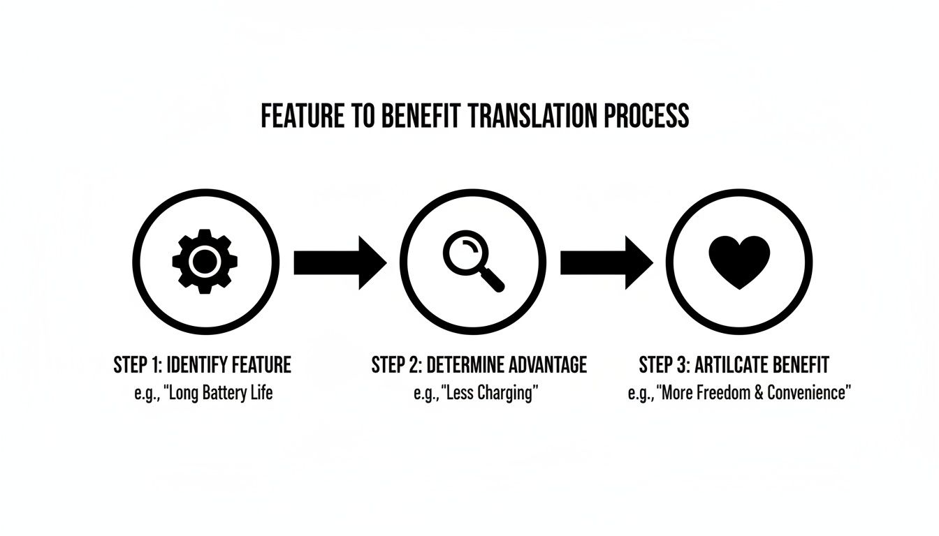 A clear diagram detailing the feature to benefit translation process with three steps: Feature, Advantage, Benefit.