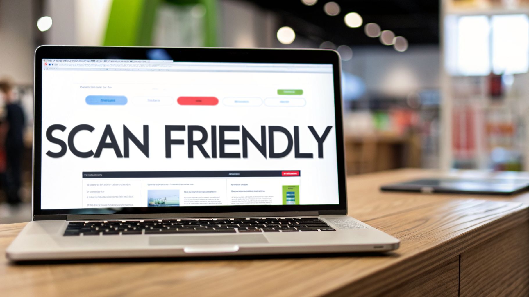 A silver laptop on a wooden desk displaying a website with the text "SCAN FRIENDLY".
