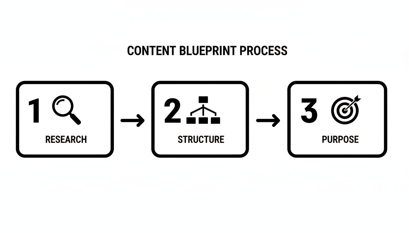 A content blueprint process diagram showing three steps: 1. Research, 2. Structure, and 3. Purpose.