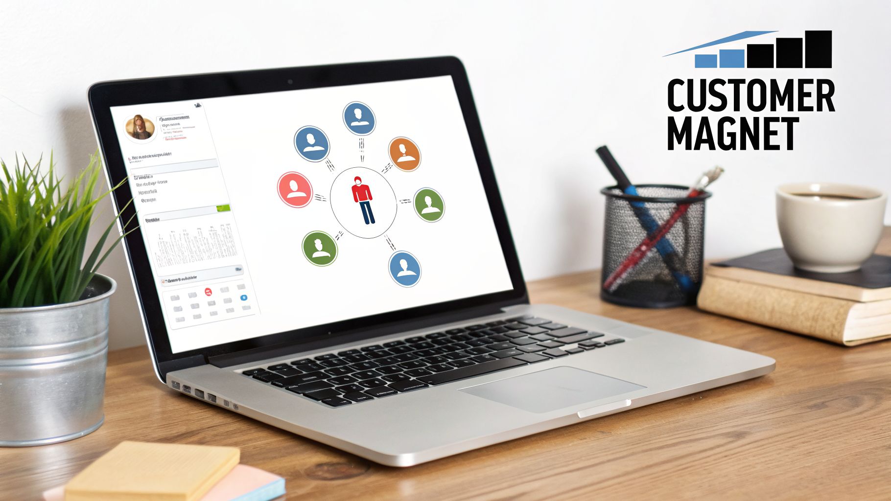 A laptop on a wooden desk displays a customer relationship diagram, with a 'CUSTOMER MAGNET' logo on the wall.
