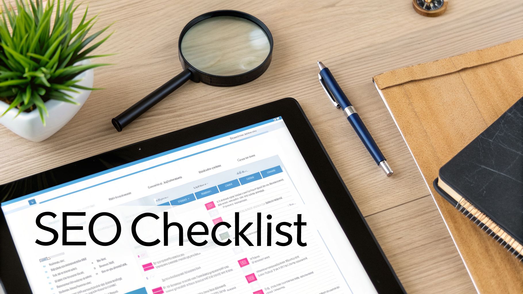A tablet displaying an 'SEO Checklist' on a wooden desk with a magnifying glass, pen, and plant.